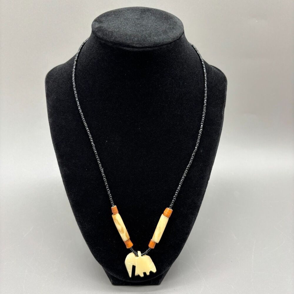 Vintage Carved Horn Elephant Pendant Necklace Black Seed Beads Safari Boho